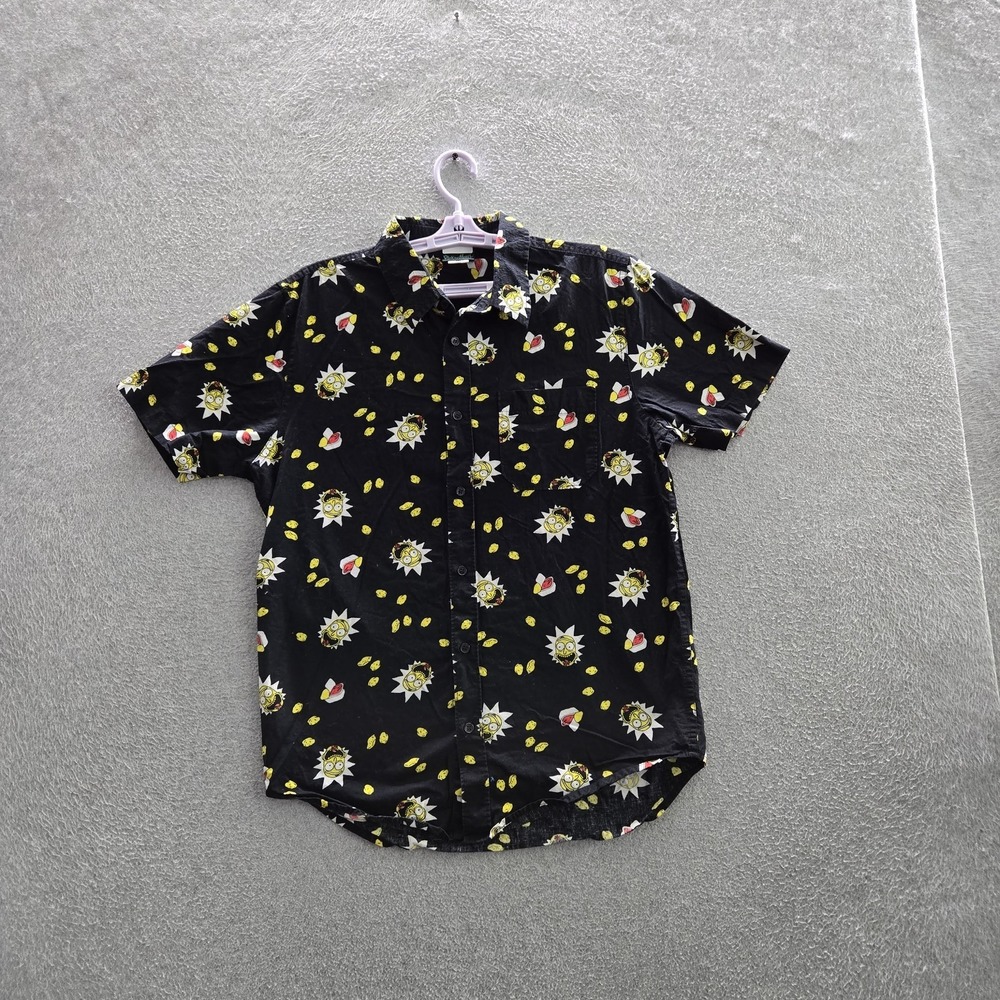 Rick And Morty Men Button Up Shirt M Black Graphic Character Faces Casual Shirt